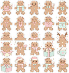 Cute Gingerbread Characters Vector Sticker Set, Pastel Christmas Sweets Man and Woman Collection