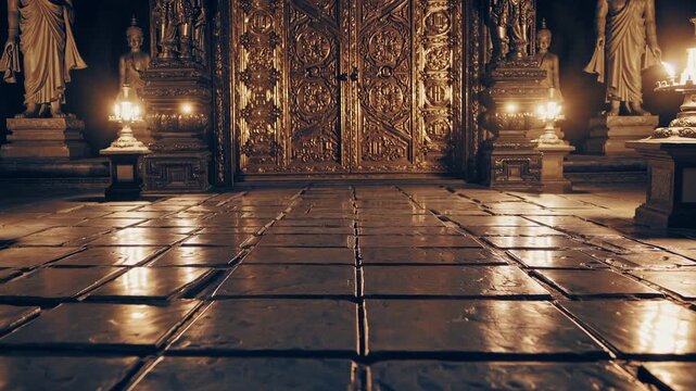 Ornate golden door and statues reflecting on a shiny floor within a temple at night, creating a mystical and spiritual atmosphere filled with tranquility and wonder