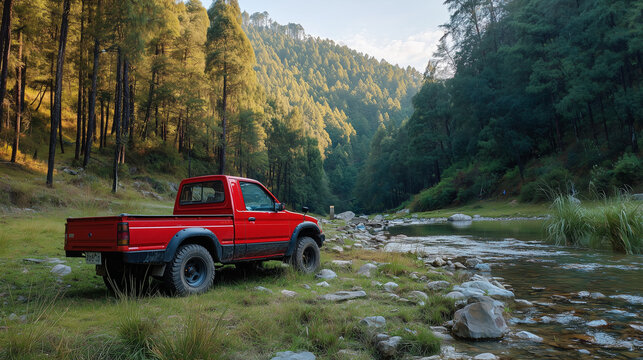 Red and black kei truck parked near a river in a quiet forest, showcasing rural transport, outdoor travel, and calm nature scenery.