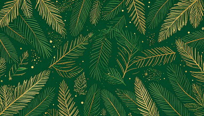 Fir leaves with golden baubles stars lighting garland decorated on red background and space for yo
13