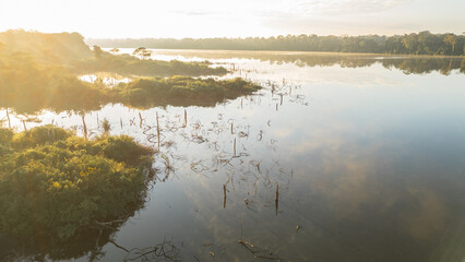 Drone view of Lake Valencia at dawn, with soft morning light over calm waters and the surrounding Amazon rainforest in Madre de Dios