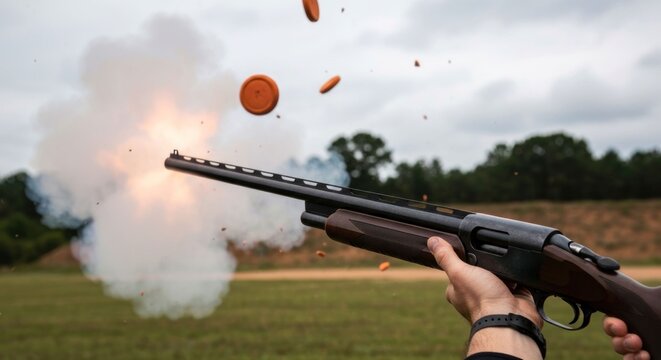 Hand firing a shotgun, smoke, clay targets breaking mid-air on outdoor range