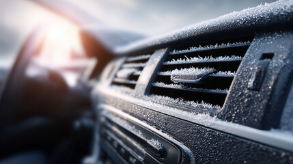 Car dashboard air conditioner frozen from extreme cold, showing icy vents and frost buildup. Concept of powerful cooling performance, modern vehicle interior, reliable automotive climate control.
