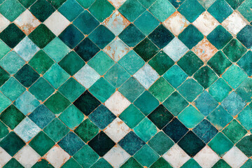 intricate geometric pattern of green and white tiles with worn surfaces