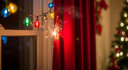 Sparkler burning a hole in a red curtain near Christmas lights and a tree, illustrating a fire hazard during holiday celebrations.