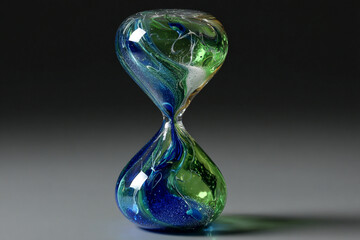 A stunning glass hourglass filled with swirling blues and greens evokes a sense of timeless elegance and artistic craftsmanship