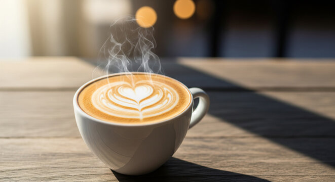 Hot cappuccino coffee cup with heart latte art on wooden table in cafe, morning breakfast concept.