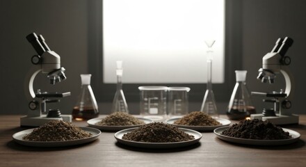 Laboratory soil samples with microscopes, beakers, and scientific tools