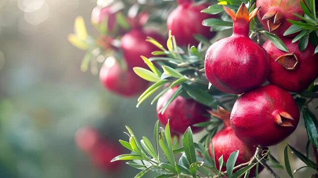 A closeup shot of pomegranates on a tree, showcasing their vibrant red fruits and green leaves. The background is a soft bokeh of green foliage, suggesting a garden or park setting.