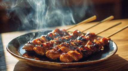 Close up of grilled yakitori skewers on a plate, featuring juicy chicken glazed with savory sauce, Japanese street food style, warm tones, rich texture, and appetizing presentation.