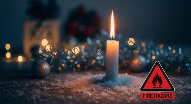 Burning candle with fire hazard sign on snowy surface among Christmas decorations. Holiday fire safety concept for prevention of Christmas accidents.