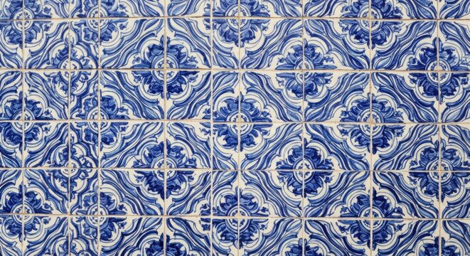 Intricate blue and white patterned tile wall with floral design