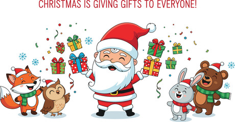 Happy Santa Claus celebrating with cute woodland animals and floating gifts under inspirational holiday text quote for Christmas greeting card.