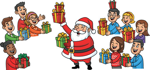 Happy Santa Claus celebrating with diverse group of people holding colorful Christmas gift boxes for festive holiday season design.