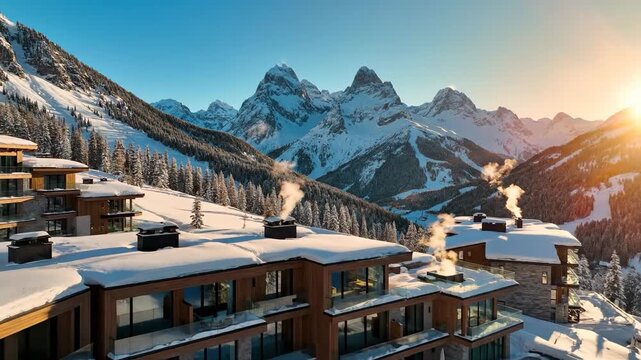 Modern mountain resort lodges with smoke from chimneys against snowy peaks and bright sun