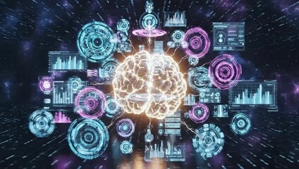 Futuristic digital brain interface with glowing data visualizations and neural network connections - Powered by Adobe
