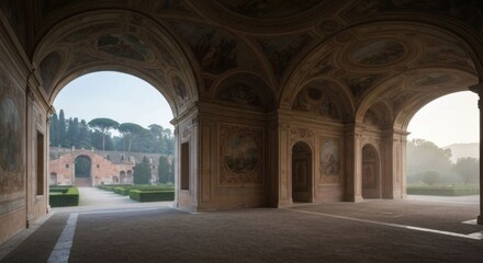 Ornate arched walkway framed by painted murals, leading to a distant garden