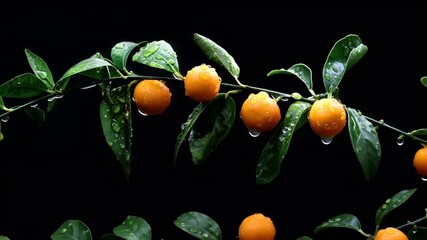 A closeup of a citrus tree branch with ripe oranges and water droplets on it. The background is dark, emphasizing the vibrant colors of the citrus fruits and leaves.