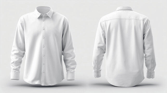 White long sleeve button up shirt mockup with front and back view. Clean apparel template for fashion branding, clothing design, product presentation, and minimal studio display.