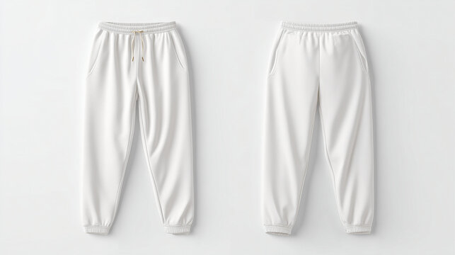 White sweatpants mockup showing front and back view, clean and minimal apparel presentation. Ideal for fashion branding, product display, ecommerce, and clothing design.
