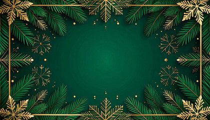 Fir leaves with golden baubles stars lighting garland decorated on red background and space for yo
7