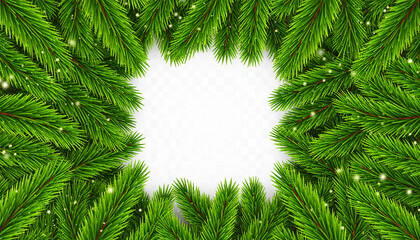 Fir leaves with golden baubles stars lighting garland decorated on red background and space for yo
6