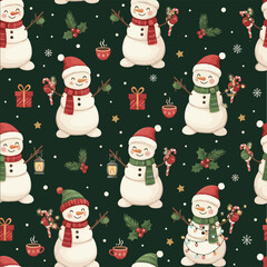Cute Christmas Snowman Seamless Pattern: Holly, Gifts, Candy Cane, and Festive Winter Vector