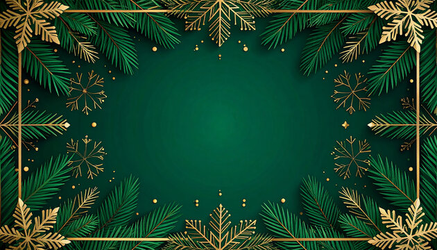 Fir leaves with golden baubles stars lighting garland decorated on red background and space for yo
6