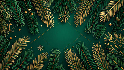 Fir leaves with golden baubles stars lighting garland decorated on red background and space for yo
5
