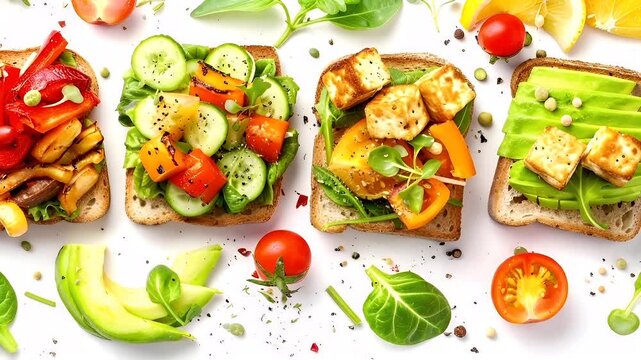 Aerial view of fresh vegetables and fruits arranged in a flat lay on a white background. The main subject is a sandwich with avocado, tomatoes, cucumbers, and sesame seeds. The colors are vibrant.