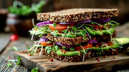 A closeup of a multigrain sandwich with vegetables and seeds on a wooden surface. The sandwich is composed of whole grain bread with sesame seeds, lettuce, tomatoes, cucumbers, and purple onions.