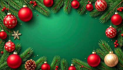 Fir leaves with golden baubles stars lighting garland decorated on red background and space for yo
3