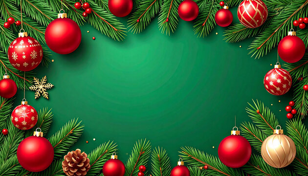 Fir leaves with golden baubles stars lighting garland decorated on red background and space for yo
3