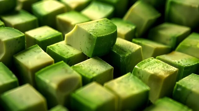 A closeup view of halved avocado cubes, showcasing their vibrant green flesh and water droplets. The texture of the cubes is smooth and glossy, reflecting light subtly.