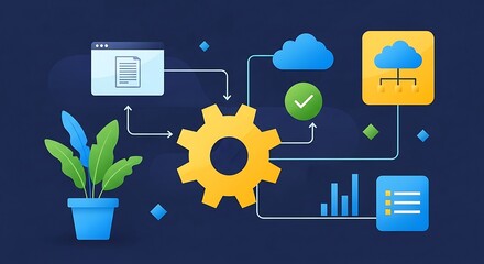 Abstract illustration of a workflow process with gears, clouds, and data charts, representing automation and digital transformation in a business context