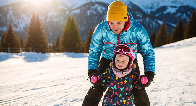 Father teaching daughter to ski on snowy mountain slope. Happy dad helping little girl skiing in winter resort. Family winter vacation concept