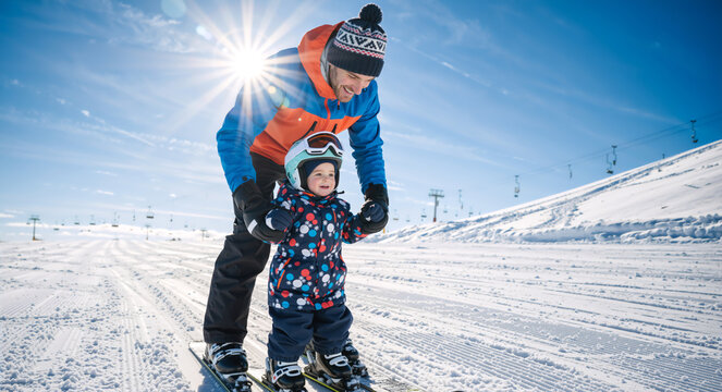 Father teaching little child to ski on sunny winter day. Happy dad and toddler skiing together on snowy slope. Family vacation concept