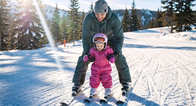 Happy father teaching his little daughter to ski on a snowy slope. Dad helping child girl in pink suit learn skiing during winter vacation. Family bonding and active lifestyle - Powered by Adobe