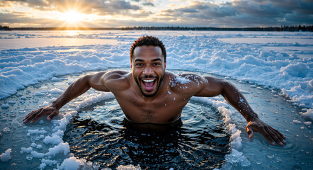 Happy African American man swimming in a frozen lake at sunset. Muscular male enjoying winter ice bath cold therapy