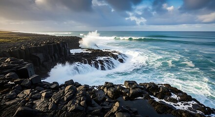 Dramatic seascape with immense ocean waves relentlessly crashing against rugged black volcanic cliffs, revealing nature's raw power
