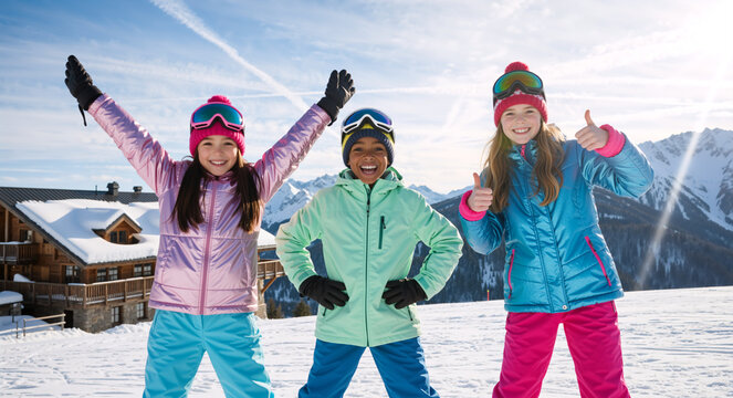 A diverse group of happy children friends having fun in the snow. Kids posing together on a mountain during a winter ski vacation