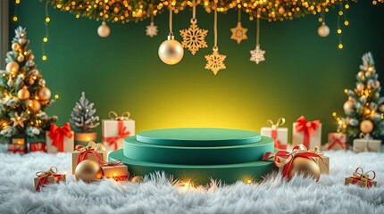 Christmas Stage Podium with Gifts and Decorations on Green Background
