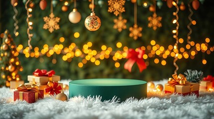Festive Christmas scene with decorated tree, gift boxes and bokeh lights on a platform
