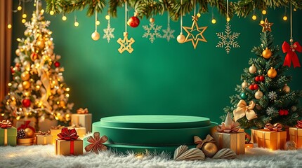 Christmas Holiday Display with Green Podium, Decorated Trees, Sparkling Lights, and Gift Boxes