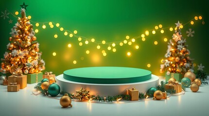 Festive Green Christmas Product Display Stage with Sparkling Lights and Ornaments