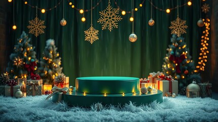 Festive Christmas Podium Stage with Ornaments, Snow, and Decorations