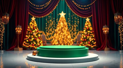 Vibrant Holiday Stage with Sparkling Christmas Trees and a Central Green Podium for Seasonal Celebrations