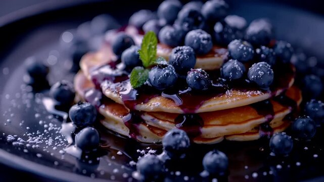 A closeup of a stack of pancakes topped with blueberries and syrup. The pancakes are golden brown with a glossy syrup drizzled over them, and the blueberries are a vibrant blue.