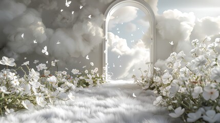 3d arch with white flowers and butterflies, fluffy fur carpet on the floor, cloud wall, ethereal light from behind the door
