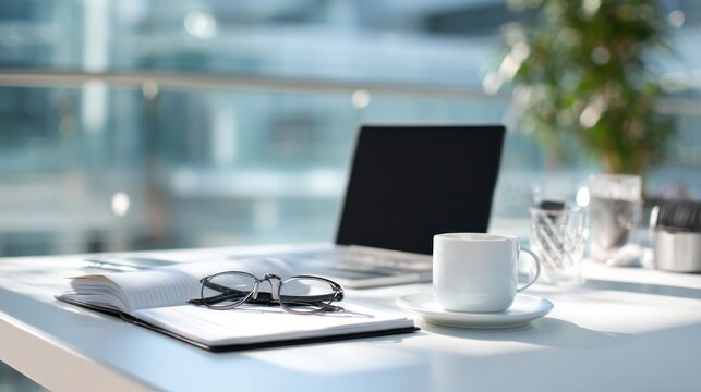 Bright workspace with laptop, glasses, notepad and coffee cup in office